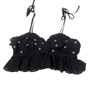 NWT Free People Black Ruffled Embellished Boho Crop Top Sz XS Spring Summer